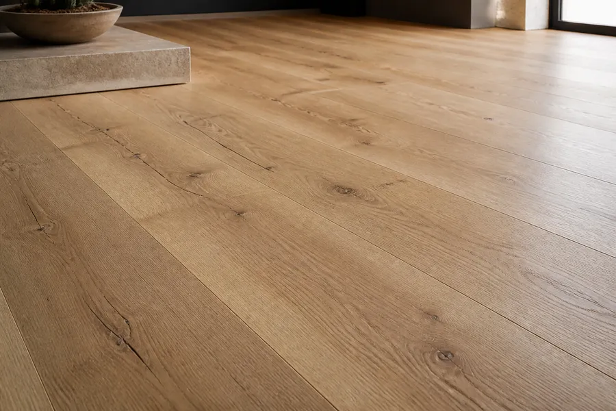 Brede eiken planken in een lichte woonkamer bij Parket Kompas